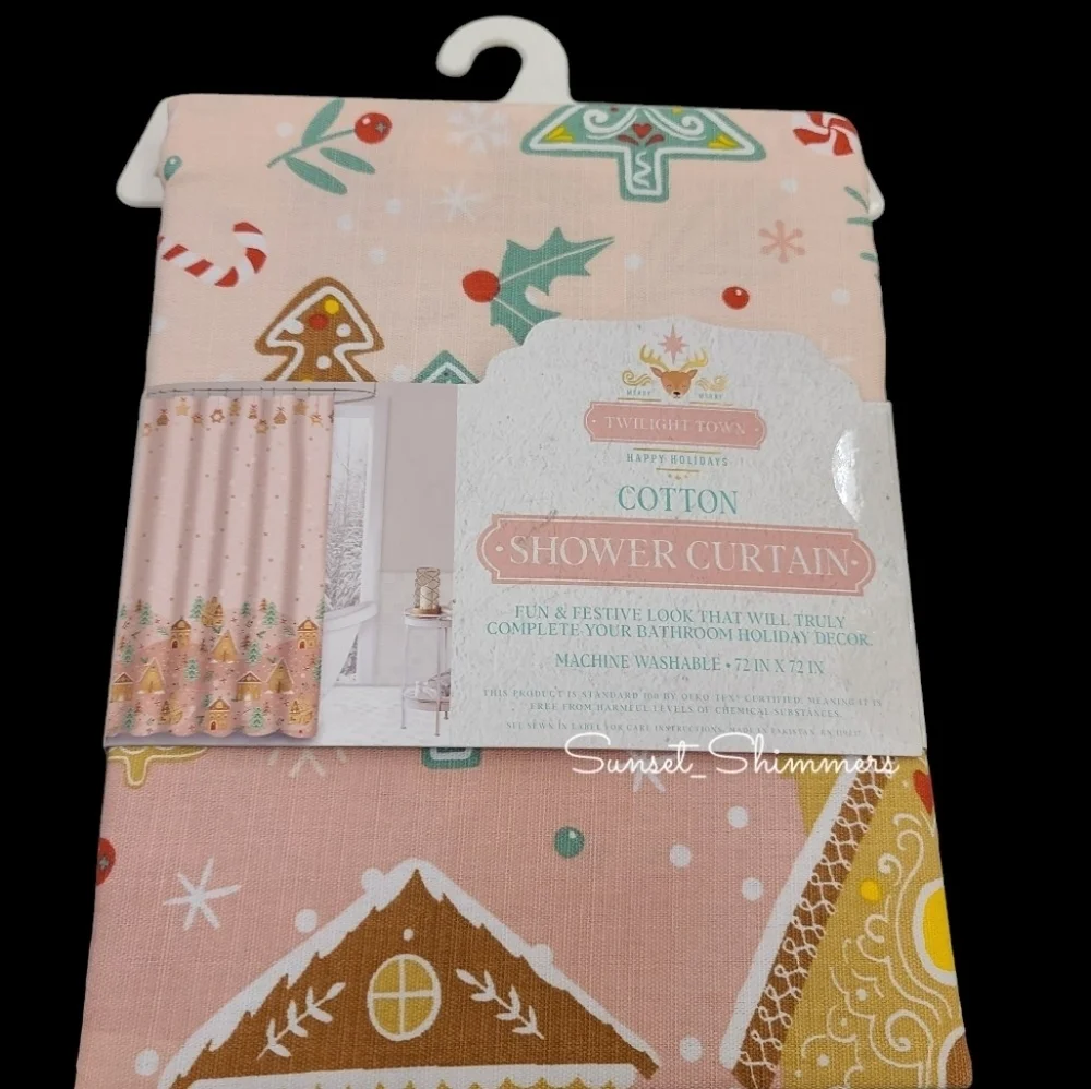 Pink Gingerbread House Christmas Village Fabric Shower Curtain Bathroom Decor
